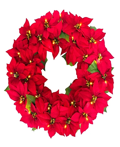Puleo 24" Pre-Lit Artificial Red Poinsettia Wreath