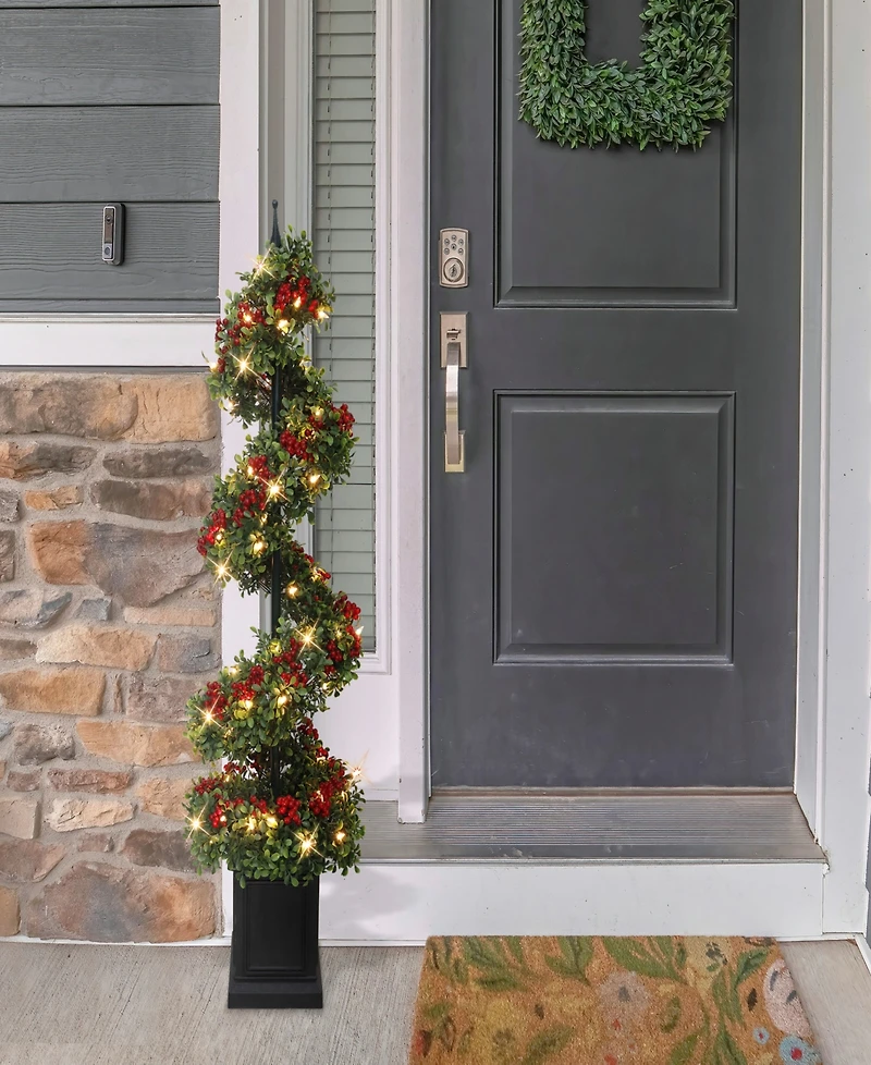 Puleo 4' Pre-Lit Artificial Potted Swirl Tree Adorned with Red Berries