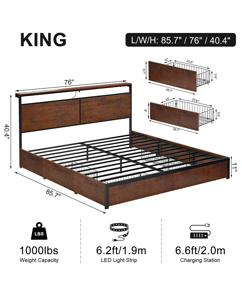 Hausource King Size Bed Frame with Led Storage Headboard & 4 Drawers & Charging Station Brown