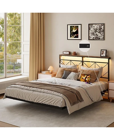 Hausource Queen Size Floating Bed Frame with Led Headboard & Charging Station No Box Spring Needed