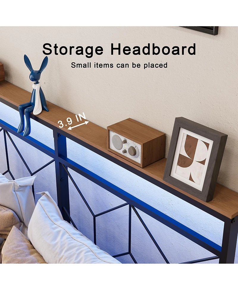 Hausource King Size Floating Bed Frame with Led Headboard & Charging Station No Box Spring Needed