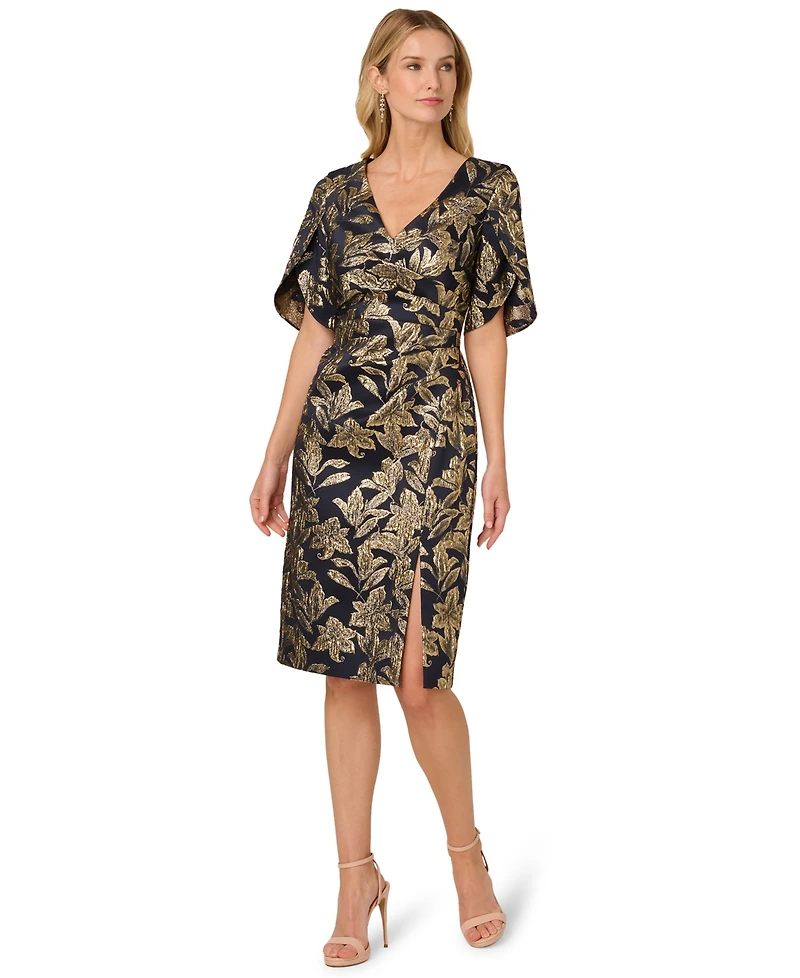 Adrianna Papell Women's Stretch Jacquard V-Neck Short Dress