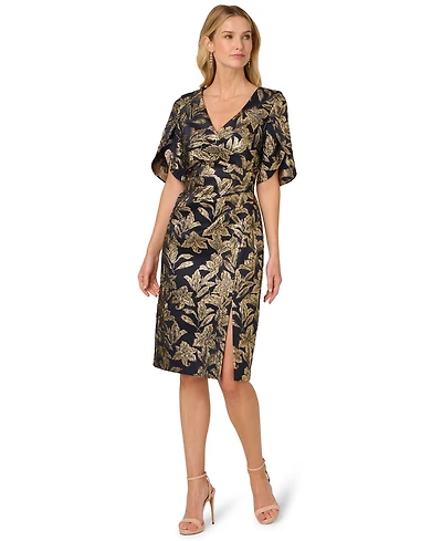 Adrianna Papell Women's Stretch Jacquard V-Neck Short Dress