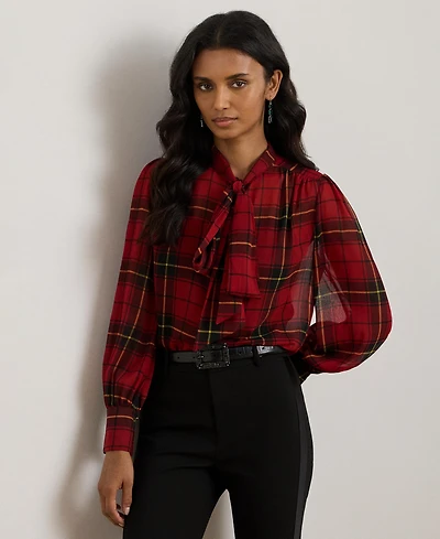 Lauren Ralph Women's Plaid Tie-Neck Blouse