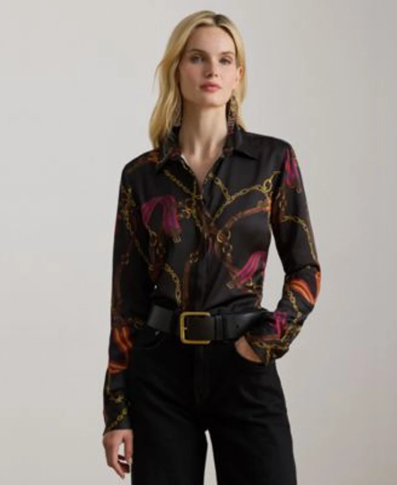 Lauren Ralph Lauren Womens Classic Fit Belting Print Satin Shirt P Xs Xxl