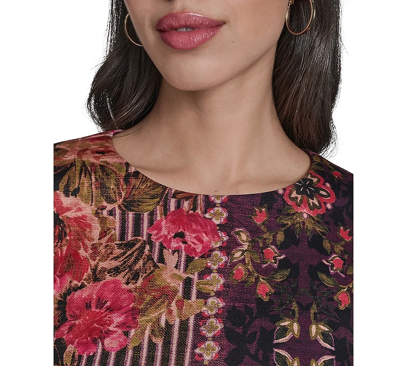 Vince Camuto Petite Placement Shift Print Round Neck Midi Bodycon Dress