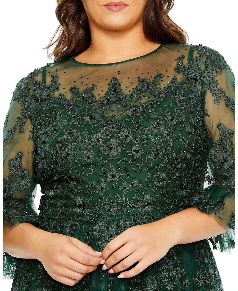 Mac Duggal Women's Plus High Neck Flutter Sleeve Embroidered A Line Gown