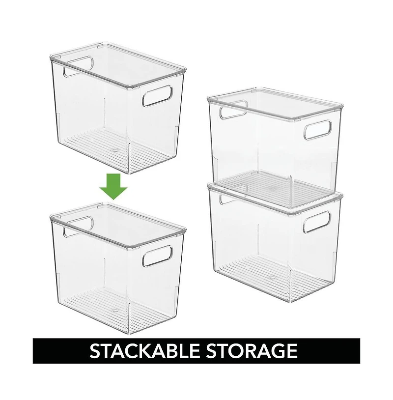 mDesign Slim Plastic Stacking Kitchen Bin Box, Handles/Lid, 6 Pack, Clear, Usa Made