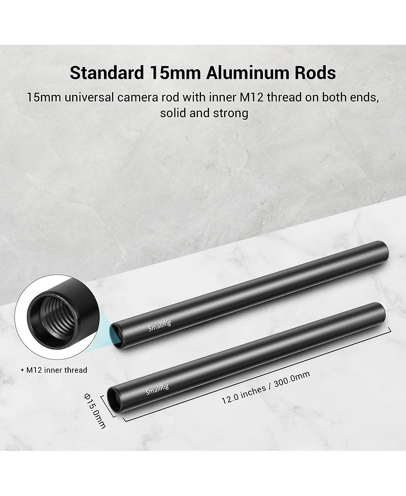 SmallRig Baseplate with Dual 15mm Rod Clamp - Bundle With SmallRig 15mm Black Aluminum Alloy Rod Pair, M12 Thread 12"