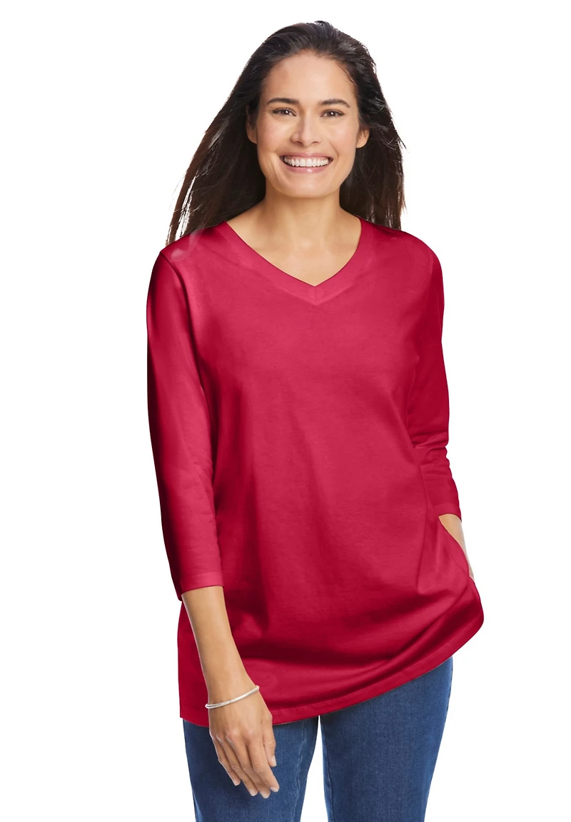 Woman Within Plus Perfect Three-Quarter Sleeve V-Neck Tee
