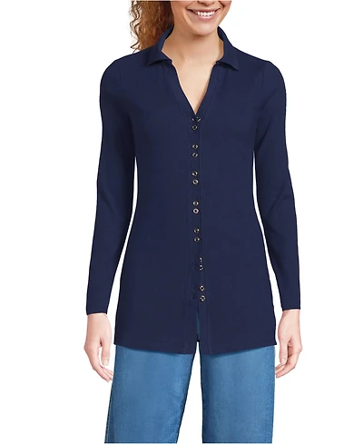 Lands' End Women's Long Sleeve Polished Rib Button Through Tunic Shirt