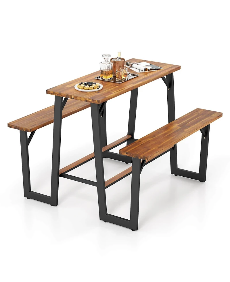 Patio Picnic Table Bench Set with Acacia Wood Tabletop Benchtop Built-in Footrests