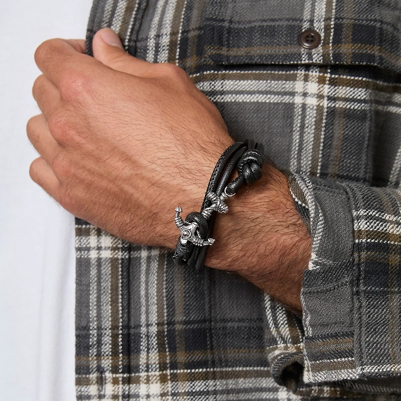 Lucky Brand Mens Black Leather Anchor Wrap Bracelet with Adjustable Fit