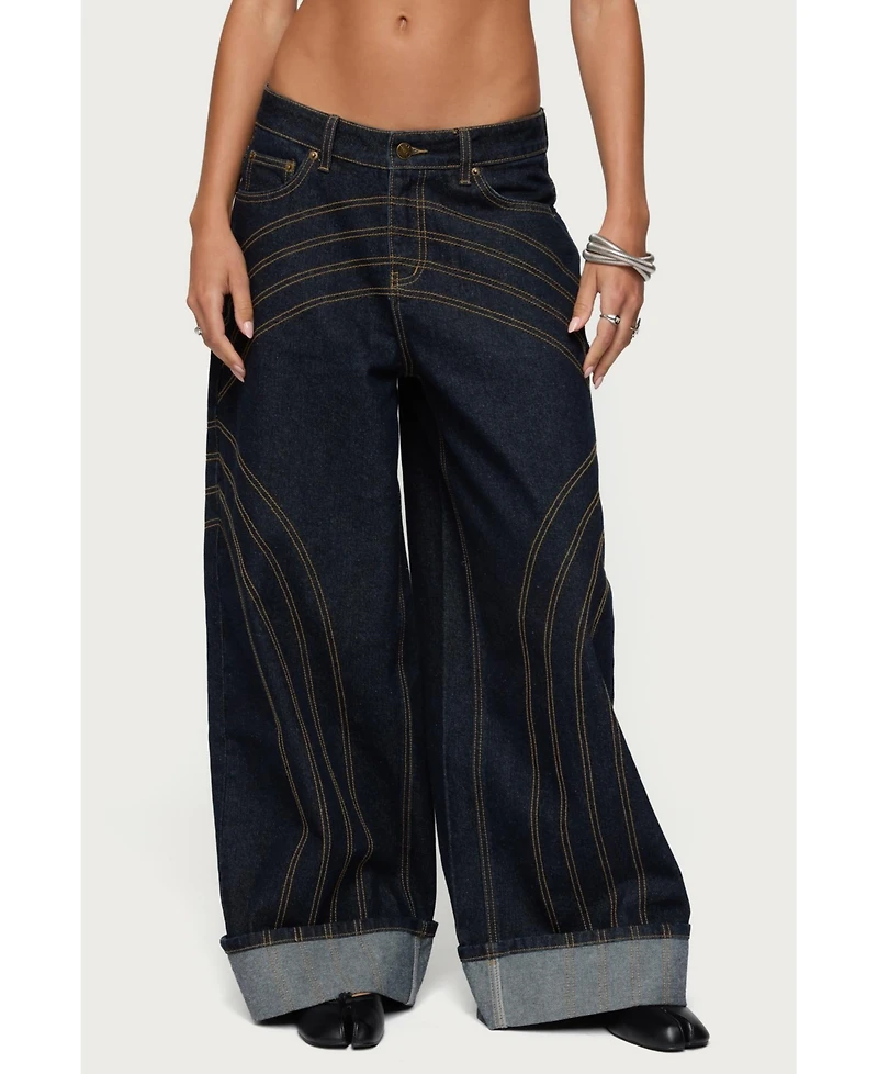 Edikted Women's Cuffed Low Rise Wide Leg Jeans
