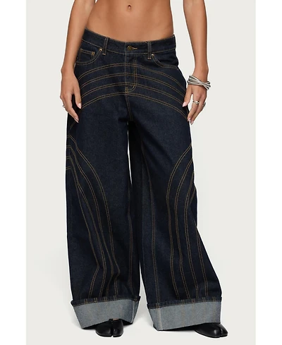 Edikted Women's Cuffed Low Rise Wide Leg Jeans