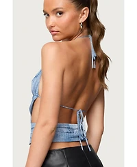 Edikted Womens Crossover Backless Printed Mesh Top