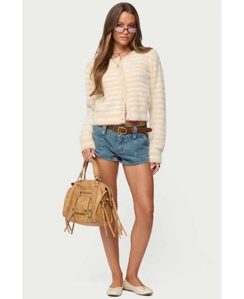 Edikted Women's Aria Striped Fuzzy Knit Cardigan