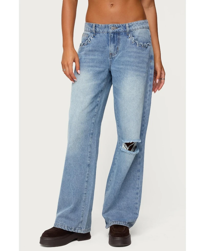 Edikted Womens Dutton Distressed Low Rise Jeans