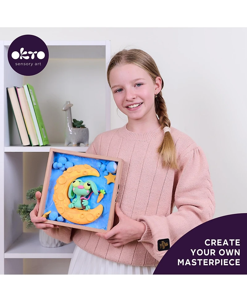 Wise Elk Okto Little Worlds - Bunny on the Moon - Foam Air-Dry Clay Wooden Art Kit (8.3" Square)