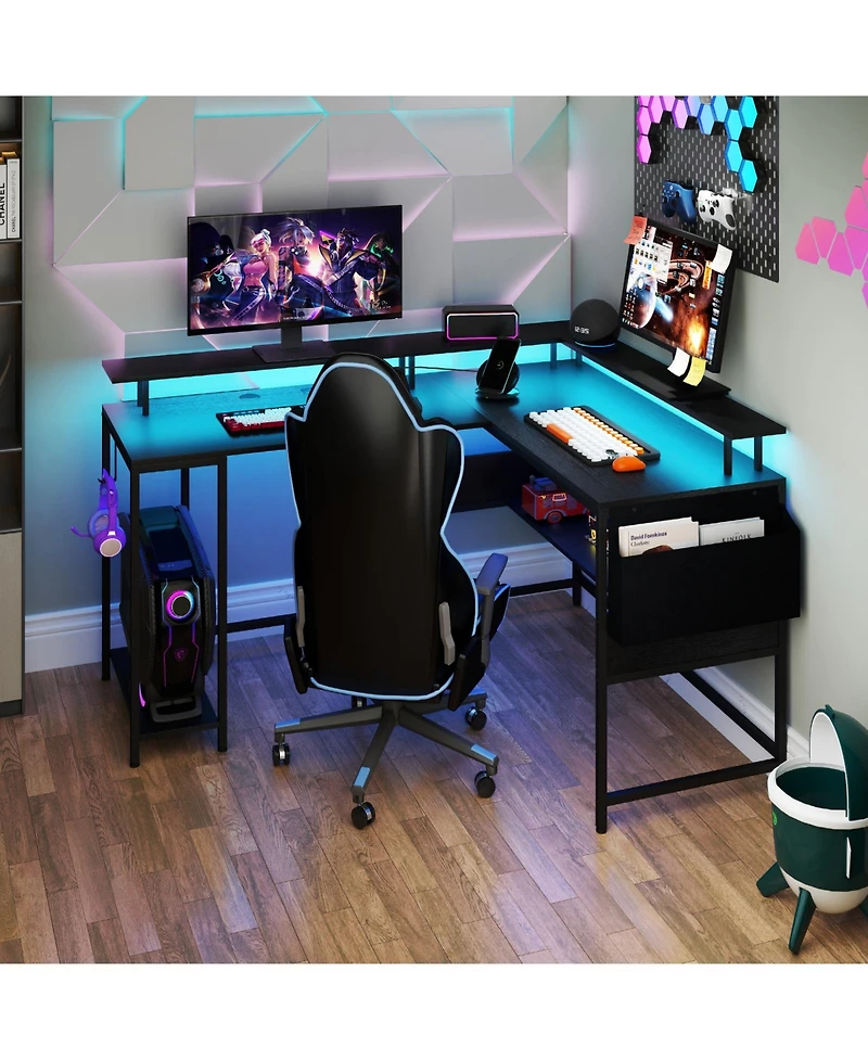 Gymax L-Shaped Gaming Desk w/ Led Lights & Power Outlets Monitor Stand Fabric Bag