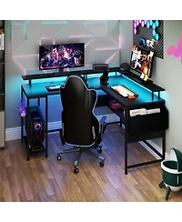 Gymax L-Shaped Gaming Desk w/ Led Lights & Power Outlets Monitor Stand Fabric Bag