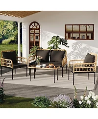 4 Pieces Patio Furniture Sets Wicker Outdoor Patio Table and Chairs Set with Glass Side Table, Loveseat Chairs, Boho Rattan Conversation Sets for Bist