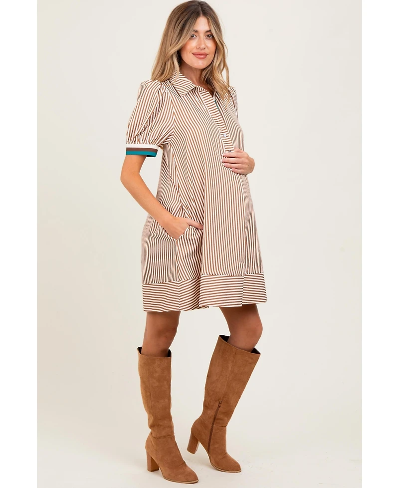 Pinkblush Camel Striped Puff Sleeve Maternity Mini Shirt Dress