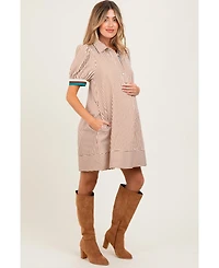 Pinkblush Camel Striped Puff Sleeve Maternity Mini Shirt Dress