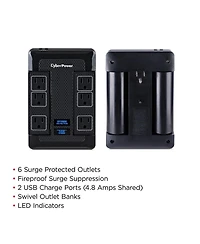 CyberPower HT600WSU2A 6-Outlet 500V Wall Mount Surge Protector, Black