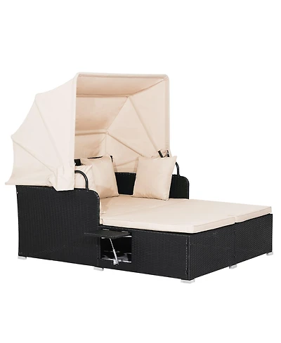 Gymax Patio Rattan Daybed Lounge Retractable Top Canopy Side Tables Cushions