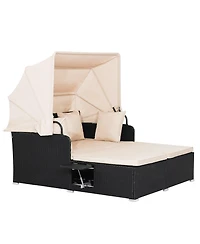 Gymax Patio Rattan Daybed Lounge Retractable Top Canopy Side Tables Cushions