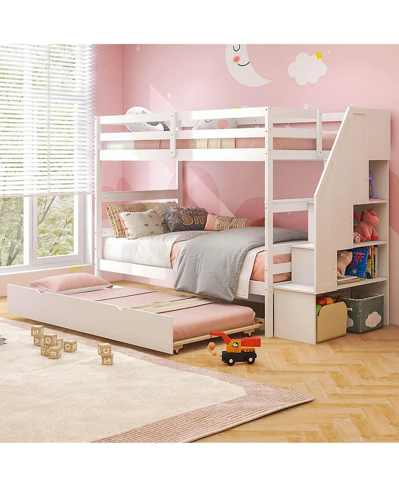 Gymax Twin over Wooden Bunk Bed w/ Trundle Storage Stairs Convertible