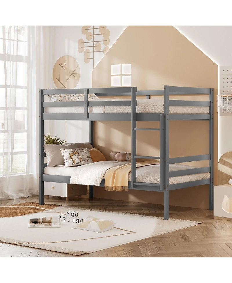 Gymax Twin Over Twin Wood Bunk Beds W/Ladder & Safety Rail Pine Wood Bunk Bed