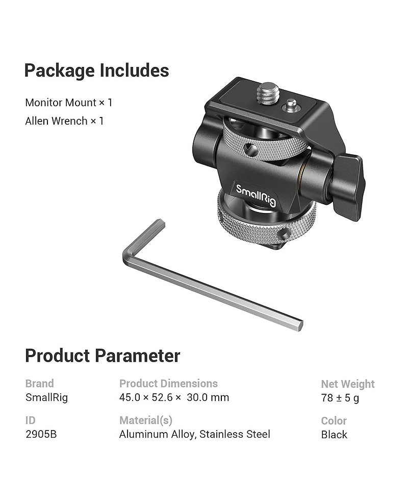 SmallRig Swivel and Tilt Adjustable Monitor Mount with Cold Shoe Mount, Locating Pin, 1/4" Thread