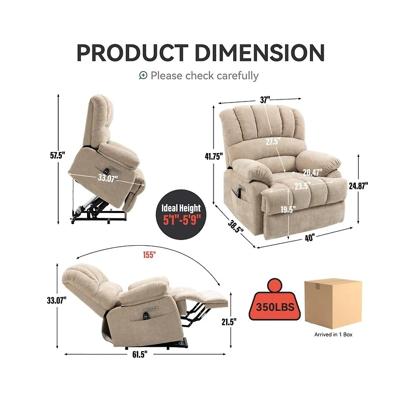 Maison Boucle Oversized Power Lift Recliner for Big & Tall Adults, 23" Wide Chenille Chair with Massage, Heat Usb-Maison