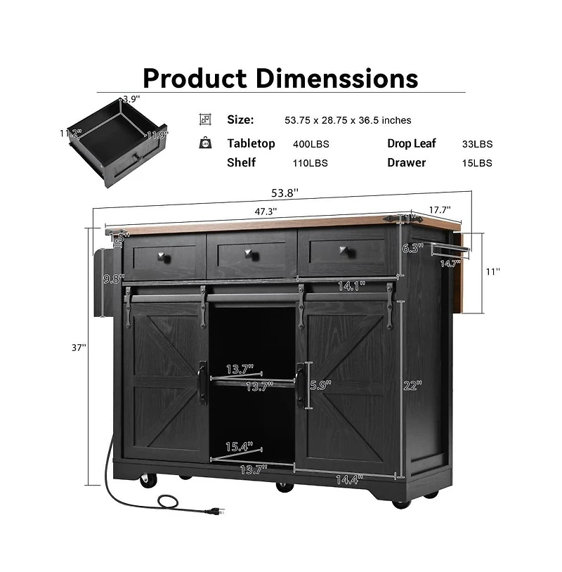 Maison Boucle 53.7" Farmhouse Kitchen Island with Drop Leaf, Power Outlet, Barn Doors & Drawers, Rolling Storage Cart-Maison Boucle