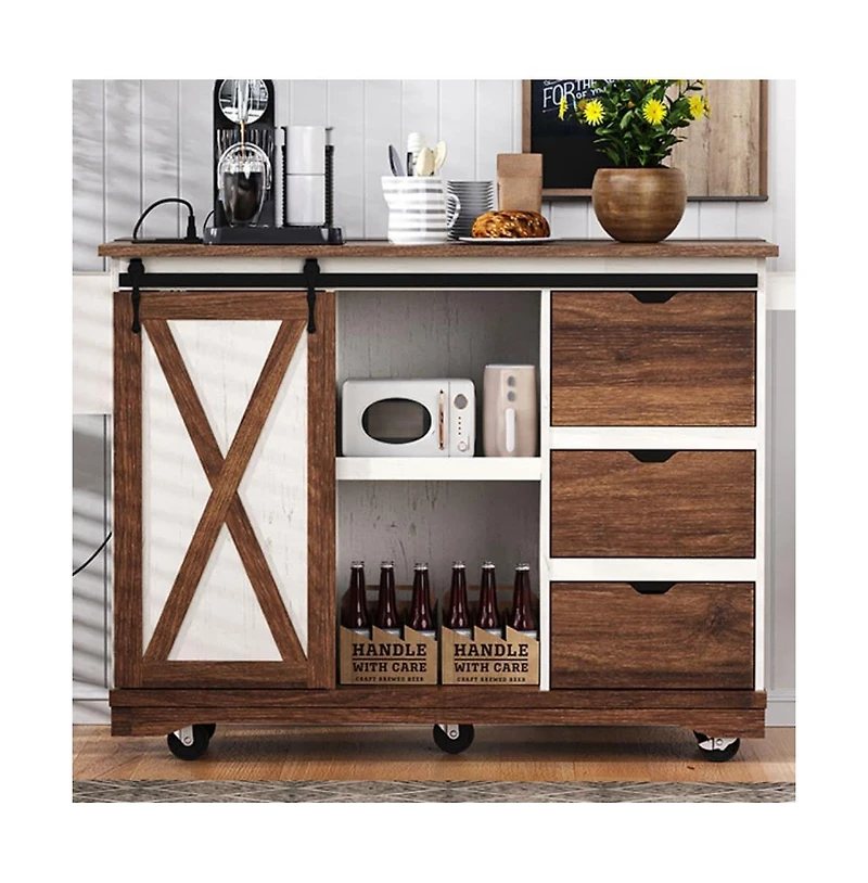 Maison Boucle 55.5" Farmhouse Kitchen Island with Drop Leaf, Barn Door, Power Outlet & Storage Drawers, Rolling Cart on Wheels-Maison Boucle