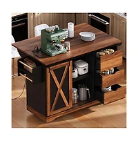 Maison Boucle 55.5" Farmhouse Kitchen Island with Drop Leaf, Barn Door, Power Outlet & Storage Drawers, Rolling Cart on Wheels-Maison