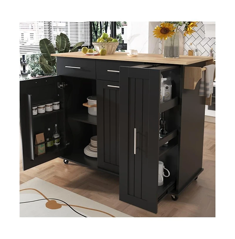 46" Kitchen Island with Drop Leaf, 3-Tier Pull-Out Organizer & Hidden Door Racks, Rolling Cart Rubberwood Top-Maison Boucle