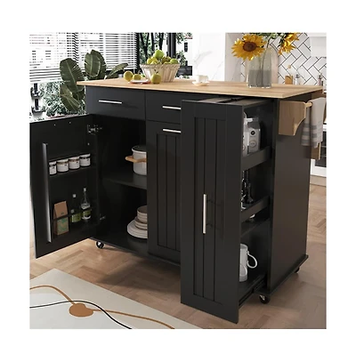 46" Kitchen Island with Drop Leaf, 3-Tier Pull-Out Organizer & Hidden Door Racks, Rolling Cart Rubberwood Top-Maison Boucle