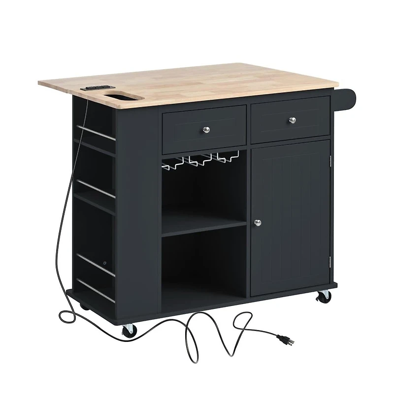 Maison Boucle Kitchen Island with Power Outlet, Drop Leaf, Wine Glass Rack & 2 Drawers, Mobile Cart Locking Wheels-Maison