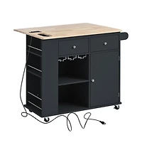 Maison Boucle Kitchen Island with Power Outlet, Drop Leaf, Wine Glass Rack & 2 Drawers, Mobile Cart Locking Wheels-Maison