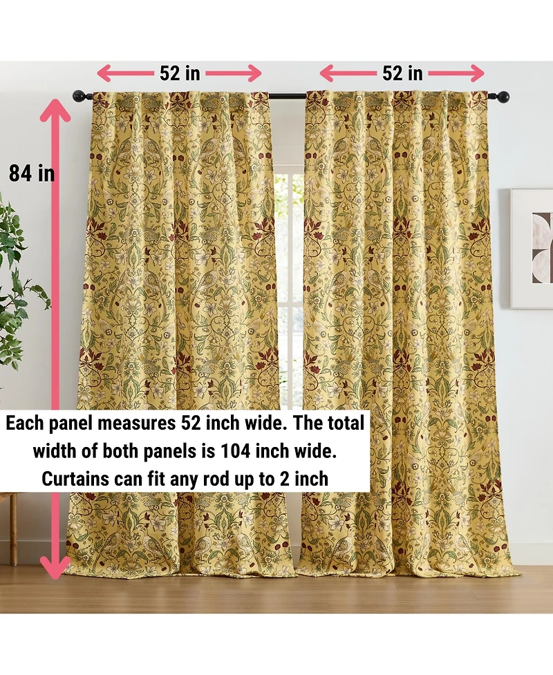 Hlc.me Florence Floral & Birds Patterned Window Back Tab Rod Pocket Curtains Bedroom - Light Blocking Darkening Window Panels
