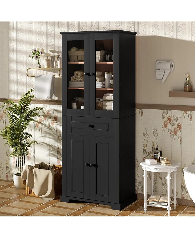 Casainc 67.2" Tall Bathroom Storage Cabinet with Tempered Glass Doors, Adjustable Shelves, Drawer and Soft-Close Designn