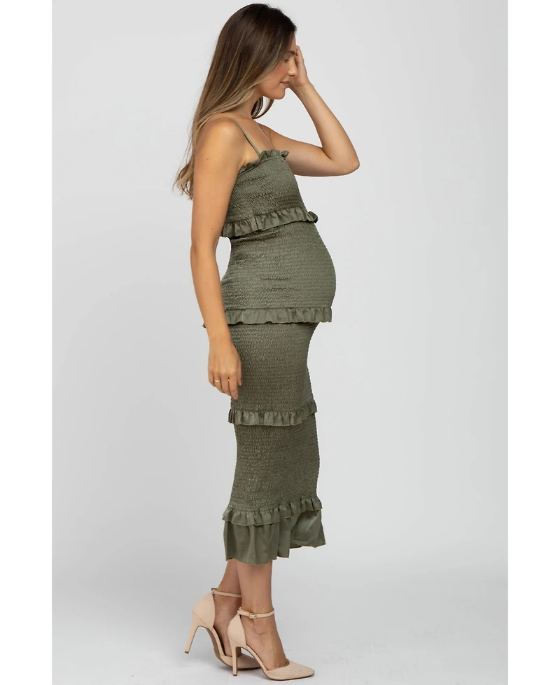 Pinkblush Olive Satin Smocked Fitted Maternity Maxi Dress