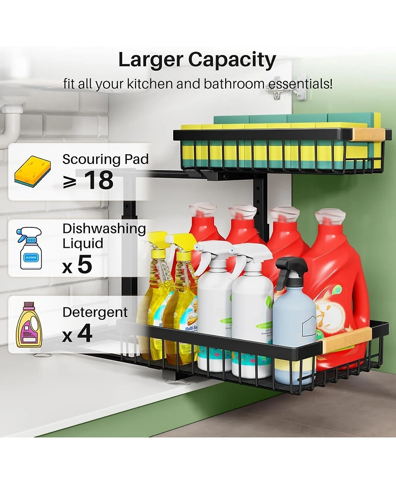 Under Sink Organizer, 2 Packs 2 Tier Under Sink Organizers and Storage, Slide Out Pull Out Cabinet Organizer Shelf, Metal Sliding Drawer for Kitchen B