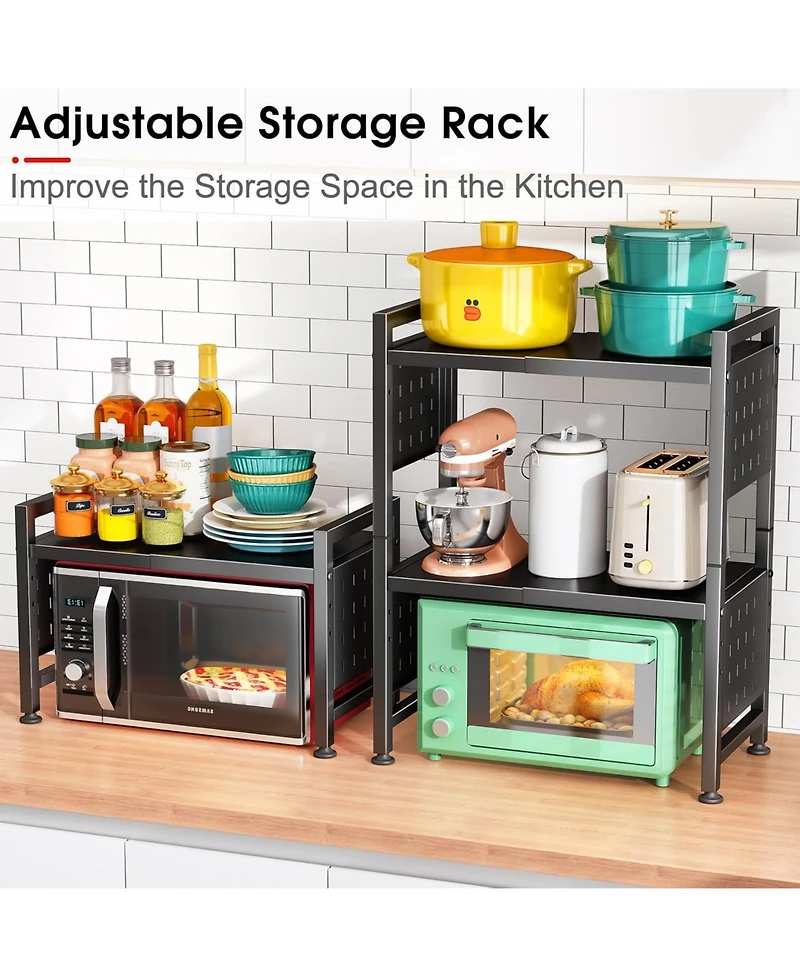 Kitstorack 17.4"- 27.4" Expandable Microwave Stand, 3-Tier Heavy Duty Adjustable Height Microwave Oven Rack with 9 Hooks and Cutting Board Holder, Cou