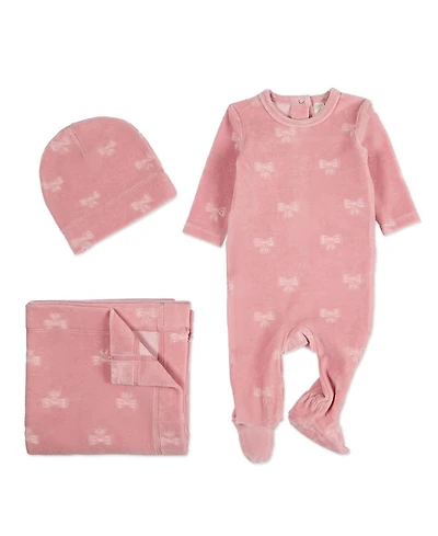 MeMoi 3 Piece Baby Girls "Velvet Bow" Cotton Rich Velour Footie Set