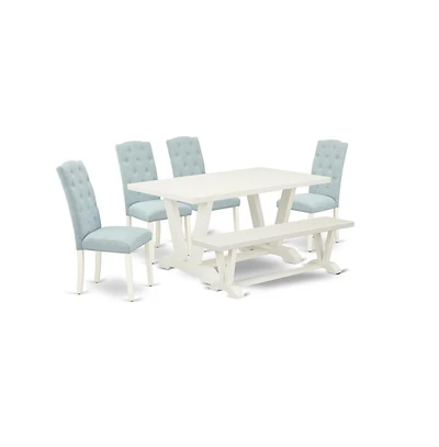 East West Furniture 6-Pc Dining Room Set- 4 Padded Parson Chairs with Baby Blue Linen Fabric Seat and Button Tufted Chair Back