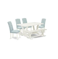 East West Furniture 6-Pc Dining Room Set- 4 Padded Parson Chairs with Baby Blue Linen Fabric Seat and Button Tufted Chair Back